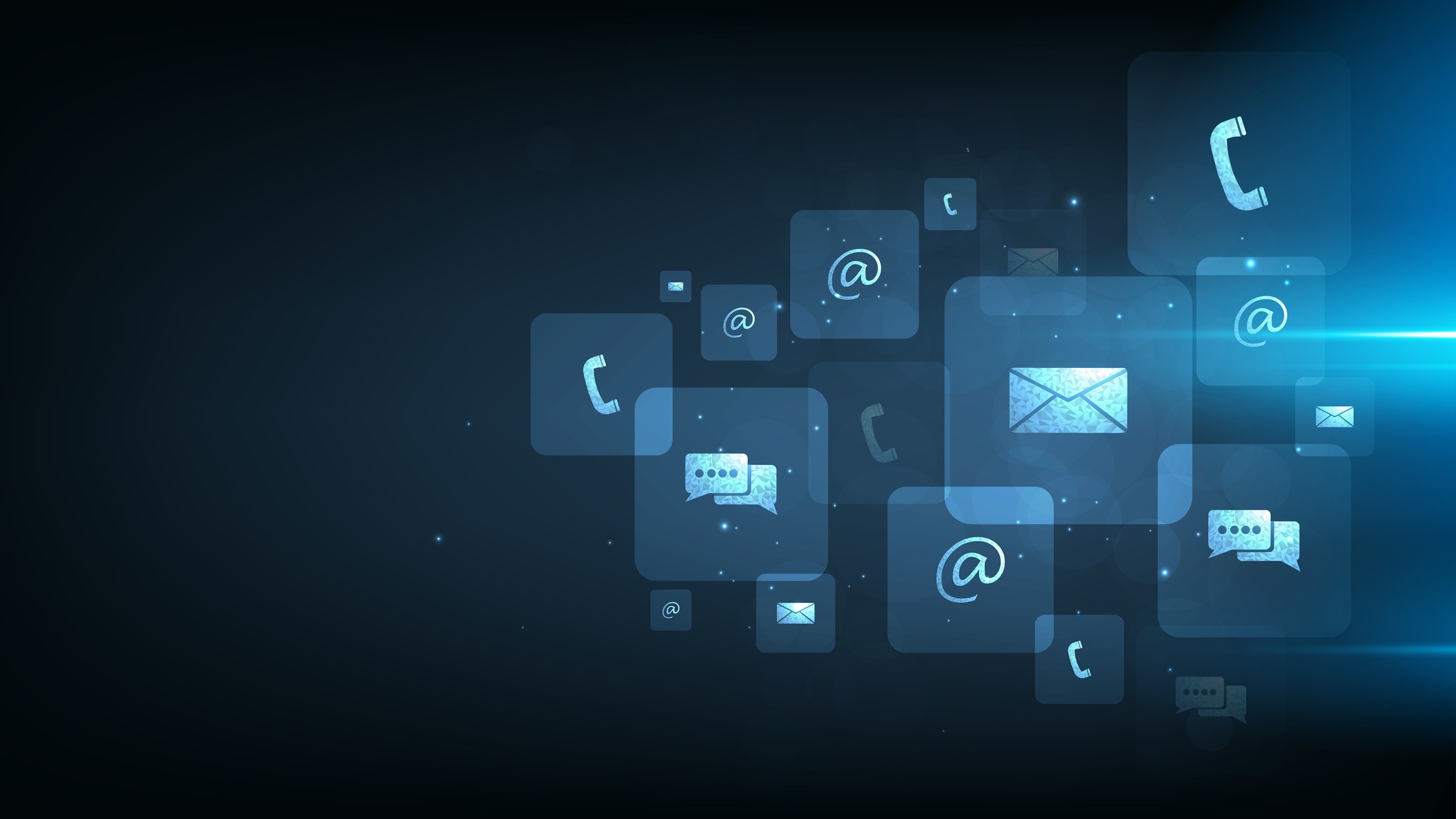 the contact us header; a vector image of varying communication symbols in various shades of blue