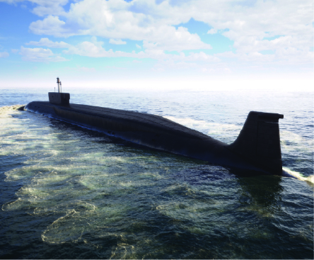 a partitially breached submarine slicing through the ocean