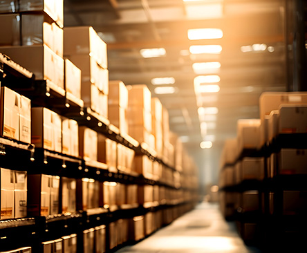 a warehouse aisle of shelves of brown boxes