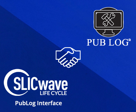 a dual-toned blue background with an icon of hands shaking in the middle and SLICwave LC's PubLog Interface on the left and the official PUB LOG logo on the right